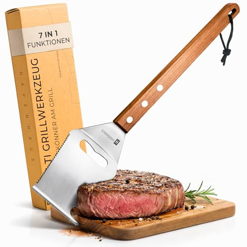 𝗛𝗔𝗩𝗘𝗡𝗛𝗔𝗨𝗦 Premium Grillspachtel 7 in 1 aus Edelstahl & Akazie – Profi BBQ Werkzeug, Multi Tool – Grill Zubehör & Grillbesteck – edle Grill Geschenke für Männer & Vatertagsgeschenk