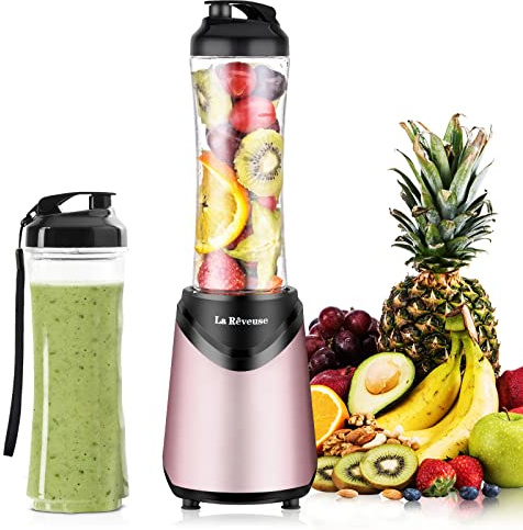 La Rêveuse Mix&Go Standmixer, Smoothie Maker, Mini Blender, 300W, Rosa | Mit (2) 550ml-Flaschen & Deckeln, BPA-frei, per Knopfdruck mixen, kompakt für Zuhause, Büro, Wohnheim, LARB2205K2