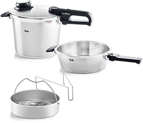Fissler Vitavit Premium Schnellkochtopf-Set 4-teilig (6 + 2,5 L, Ø 22 cm), Premium Edelstahl, Metalldeckel & Einsatz, 4 Garstufen inkl. Dampfgarstufe, Induktion, Made in Germany