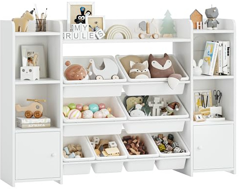 FOREHILL Kinderregal mit 8 Boxen Kinderschrank Holz Bücherregal für Kinder Aufbewahrungsbox Kinderzimmer Möbel mit Spielzeugkiste 138,8 x 94,3 x29,6 cm weiß