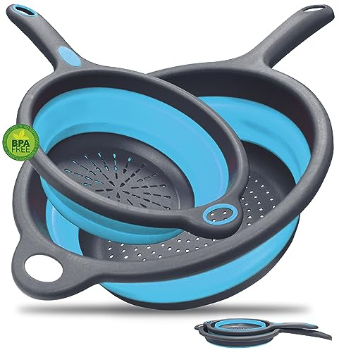 WALFOS® Faltbarers Seiher Sieb Set, 2 Stück 20cm und 24cm Klappbar Silikonfilterkörbe Abtropfsieb Nudelsieb, Küchensieb mit Griff, Abwaschschüssel von Nudeln, Gemüse, Obst - Blau