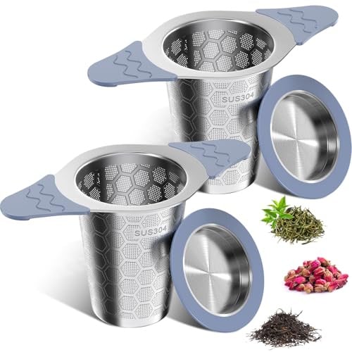 yomanta 2 Stück teesieb für losen tee mit Deckel，Breiter Griff mit hitzebeständigem Silikon，304 Edelstahl Teesieb für Teekannen/Tassen