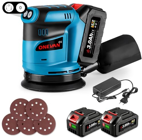 ONEVAN Akku Schleifer 125mm Schleifmaschine Akku Exzenterschleifer 12000U/min, mit Staubbeutel und 5 Schleifpapier, Elektrisch Schleifgerät Holz Metall Schleifen (2 x 3.0Ah Akkus)