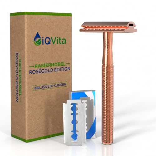 iQVita Rasierhobel Damen Roségold - inkl. 10 Rasierklingen - Safety Razor - Rasierer aus Metall - Sicherheitsrasierer - inkl. eBook
