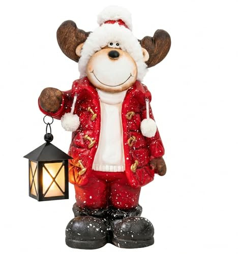 Weihnachtsdeko Figuren Groß 42cm Weihnachtsfiguren Beleuchtet Innen LED Figuren Weihnachten mit Timer Winterdeko Fensterbank Deko Figur mit Laterne Wohnzimmer Wichtel Elch Schneemann Santa Claus