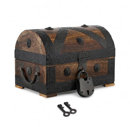 Ajuny Handgefertigte Piraten Schatztruhe aus Mangoholz mit Schloss und Schlüssel – Vintage Holztruhe als Schmuckkästchen, Aufbewahrungsbox und Andenkenbox mit Griff, 9 x 6 Zoll