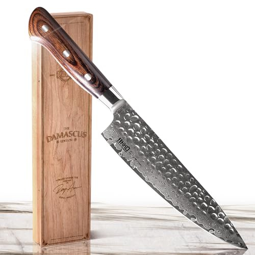 JIKKO Japanisches Damast-Kochmesser – 33cm aus japanischem VG-10 Hochkohlenstoff-Edelstahl | 67 Lagen Damastklinge | Handgeschmiedet mit Hammerschlag-Finish