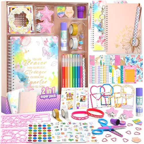 2-Pack Mega Tagebuch Set Teenager Mädchen Geschenke, Tagebuch Geschenk ab 8 9 10 11 12 13 14 Jahre Mädchen, DIY Schulsachen, Schreibwaren und Scrapbook Set, Kreative Basteln Geschenke für 8-14 Jahre