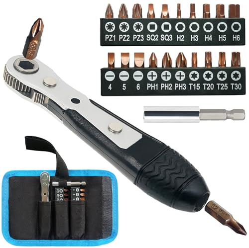 Ratschenschlüssel Magnetisch, 1/4 Zoll Ratschen Wendeschrauber, Mini-Ratschen-Schraubendreher mit Phillips, Schlitz, Torx, Sechskant, Vierkant, Pozidriv für Autos, Fahrräder, Häuser, DIY