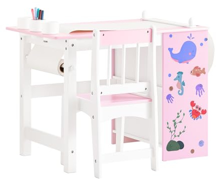 SoBuy 2 Stück Kindertisch und Stuhl Set mit Aufklebern DIY Kinderschreibtisch mit 3 Stifthaltern Set Maltisch für Kinder Rosa und Weiß KMB116-P