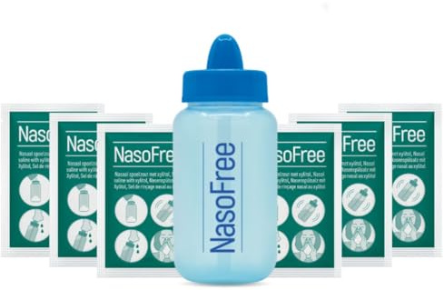 NasoFree Nasendusche Starterset - Mit 30 Päckchen Nasenspülsalz mit Xylit - Für (chronische) Sinusitis - Entzündung der Nasennebenhöhlen