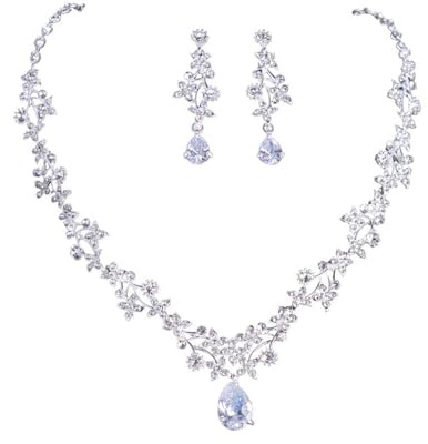 FFWTPY Brautschmuck Set Silber Hochzeit Schmuck Set für Damen Braut Halskette und Ohrringe Set Braut Schmuck Set Zirkonia Anhänger Halskette Schmuckset Silber für Frauen Mädchen