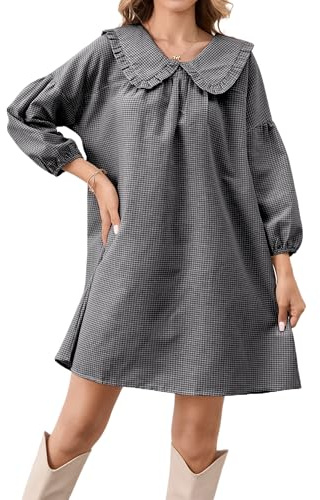 Lenader Damen-Babydoll-Kleid mit Puffärmeln, niedliches Gingham-Kleid, kurze Kleider, Bubikragen, kariertes Etuikleid, kariertes Minikleid