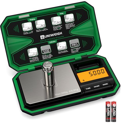 UNIWEIGH Digitale Grammwaage 200g/0,01g Feinwaage, Taschenwaage Waage Gramm | Tragbare Mini-waage, Schmuckwaage, Küchenwaagen, Münzwaage,Goldwaage, Taschenwaage Scale mit 50g Kalibriergewicht -Grün