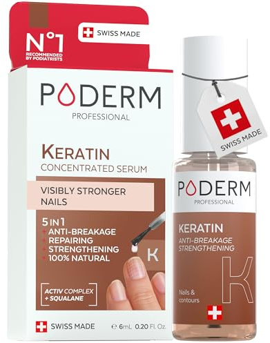 Poderm 5 in 1 Nagel Booster Serum - Keratin | Vorbeugende Anti-Bruch Pflege & Härter zur Stärkung der Struktur brüchiger Nägel - 6 ML | 100% Natürlich - Entwickelt von einem Podologen in der Schweiz