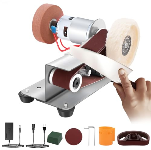 Yofuly Mini Bandschleifer, Doppelschleifer Stand-Bandschleifer Schleifmaschine 7-Stufig Verstellbarer Polierer mit 330 * 30 mm Schleifbänder Geliefert, Schleifscheibe und Polierscheibe