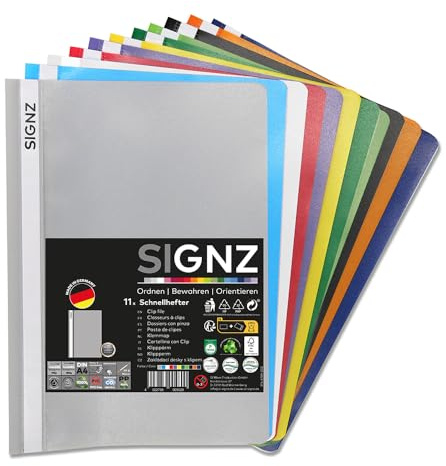 SIGNZ Schnellhefter DIN A4, stabil, 11 Stück, 11 Farben | made in Germany | transparenter Deckel | Langlebig, funktional & zuverlässig | Aus recyclingfähigem PP-Material | PVC-frei