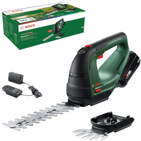 Bosch Akku Grasschere AdvancedShear 18V-10 (1 Akku 2,0 Ah, 18-Volt-System, schneidet bis zu 85 m² pro Akkuladung, mit Strauch- und Grasscherenmesser, im Karton)