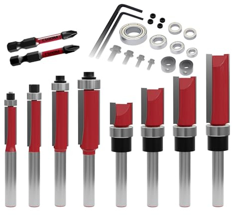 CSOOM 10 Stück Bündigfräser mit 2 Schlagmagnetbits, 6 Lager, 2 Schraubenschlüssel, 8mm Schaft Bündigfräser-Set,Hartmetallfräser, Werkzeuge für die Holzbearbeitung