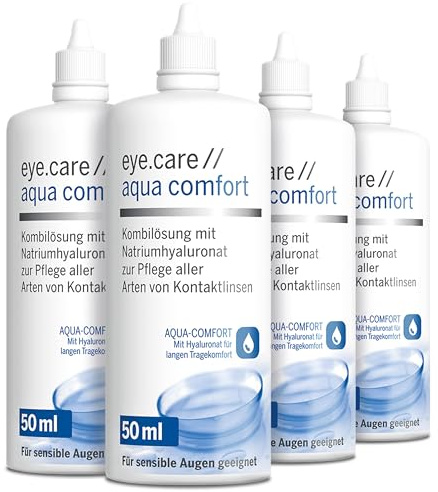 Eye.care Travelpack Kontaktlinsen Flüssigkeit - mit Hyaluron - 4 x 50ml Premium Pflegemittel für alle weichen Kontaktlinsen.
