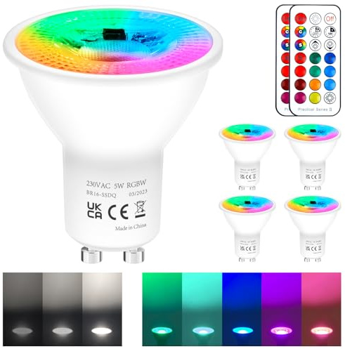 REYLAX GU10 LED RGB Dimmbar mit Fernbedienung, Lampen Leuchtmittel GU10 | Farbwechsel und Kaltweiss, 5watt 450 Lumen, 4 Stück, Glühbirnen Farbig GU10 Abstrahlwinkel 45° Leuchtmittel Bunt 230V