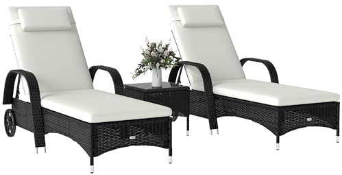 Outsunny Sonnenliege Gartenliege Tisch 3er-Set Gartenmöbel, Polyrattan+Metall Schwarz+Cremeweiß