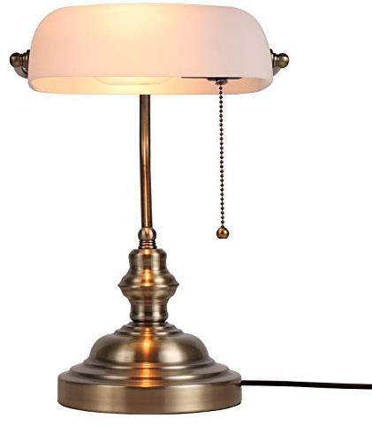 Newrays White Glass Bankers Schreibtischlampe mit Pull Chain Switch Plug-In-Halterung
