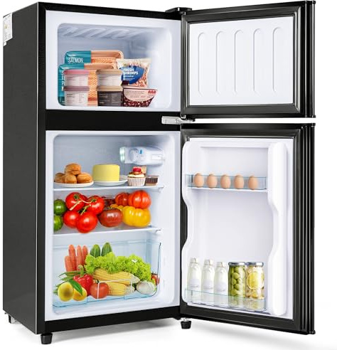 Merax 60L Retro-Kühlschrank mit Gefrierfach, 38L Kühlen + 22L Gefrieren, 172 kWh/Jahr, 86.8 cm hoch, Schwarz