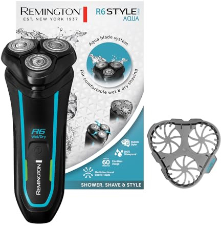 Remington Rasierer Herren Elektrisch R6 Aqua (Nass- & Trocken- Rasierapparat, 100% Wasserdicht, ausklappbarer Detail- & Langhaarschneider, 60 Min Lithium Akku,USB Ladefunktion) Rotationsrasierer R6000