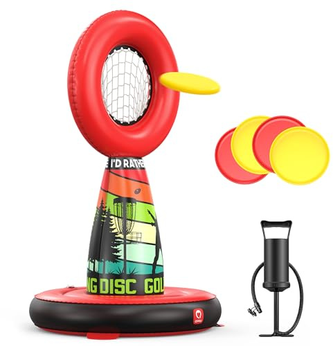 QPAU Aufblasbares Disc Golf Set für Kinder & Familien, Komplettes Outdoor-Gartenspielset mit Zielkorb, 4 Flugscheiben & Pumpe, Gartenspiele für Kinder und Erwachsene Teenager