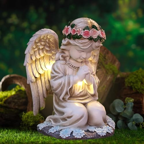 HUIKUANGEU Betender Engel, Solar-Gartenstatuen, Märchenengelskulptur, Außengartenstatue, Schutzengel-Figur mit LED-Solarlaterne, LED-Schutzengel-Figur im Gebet
