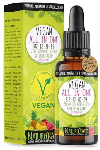 Vegan All-in-One Tropfen - Vitamin B12+B2+B6+B9 Folsäure + Zink + Eisen + Selen + Natrium + Kalium + Jod - Komplex mit natürlichem Tropical Fruchtgeschmack (20ml = ca. 4 Monats-Vorrat)