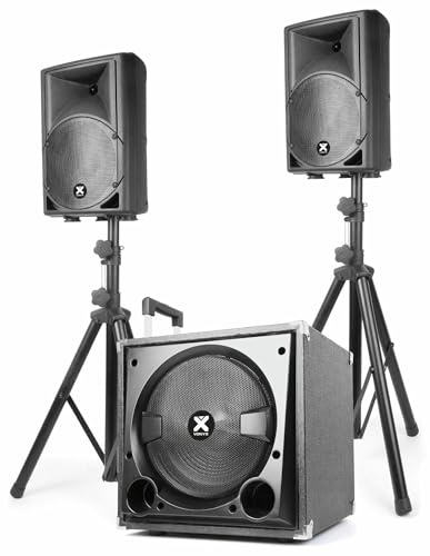 Vonyx VX800BT - DJ Boxen Set mit einem aktiven 12 Zoll Subwoofer und Zwei passiven Top Lautsprechern, 800 Watt, Bluetooth, USB, SD, Mobile PA Anlage Komplettset mit Stativen - Schwarz