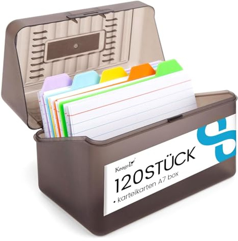 Koogel Karteikarten Box A7 mit 5 Farben Lernkarten, für Sprachprüfungen, Vokabeltraining und tägliches Lernen, Organizer 14×8×9 cm