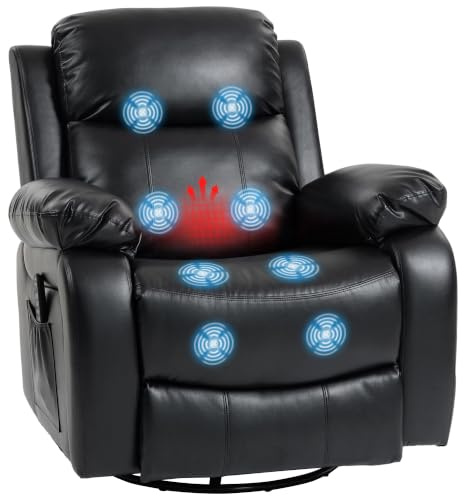 HOMCOM Relaxsessel mit Massagefunktion und 8 Vibrationspunkten, Schwarz | Fernsehsessel, Heizfunktion, Wippfunktion, Drehbarer Liegesessel, Fernbedienung, Seitentasche, Kunstleder