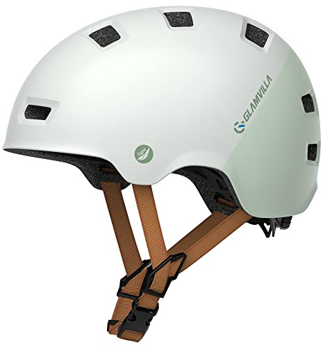 GLAMVILLA Skaterhelm Fahrradhelm Ultraleicht Stadthelm für Kinder/Damen/Herren,Verstellbar Unisex Schutzhelm für Skateboard E-Scooter Roller BMX,nur 260g/270/280g (Beige mit Hellgrün, S(48-53cm))