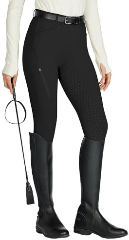 WILLIT Reitleggings Damen Reithose Silikon Vollbesatz High Waist Stretch Reithose mit Reißverschlusstasche Gürtelschlaufen Schwarz S