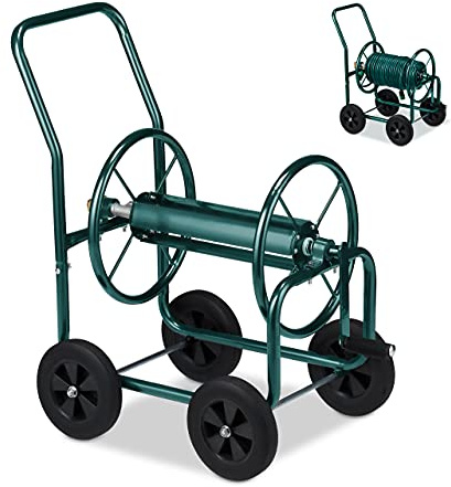 Relaxdays Schlauchwagen, bis 60 m, 4 Vollgummireifen, Klickkupplung, Schlauchtrommel Metall, Schlauchabroller, grün