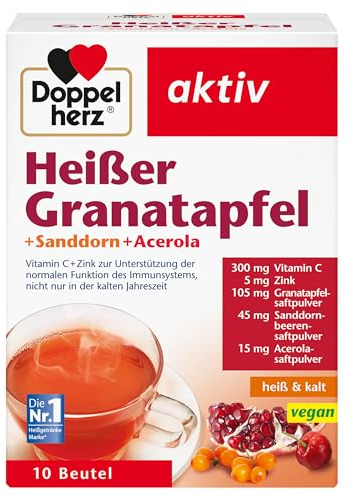 Doppelherz Heißer Granatapfel Sanddorn Acerola - Vitamin C und Zink zur Unterstützung der normalen Funktion des Immunsystems - heiß und kalt - vegan - 10 Beutel