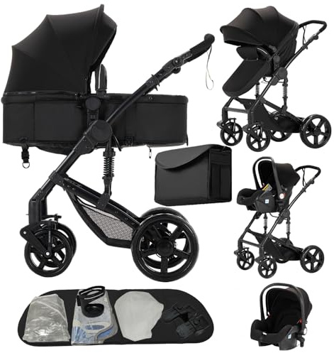 Doraystar Kinderwagen 3 in 1, Kombikinderwagen 3 in 1 Komplettset mit Zwei Umkehrbaren Schiebemodi, Kinderwagen Set mit Ein-Klick-Faltdesign, Rahmen Aluminiumlegierung (588 Black)