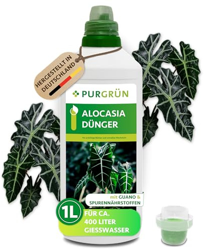 Purgrün® Alocasia-Dünger 1 Liter – Extra Stickstoff für schnelles Wachstum – Spurennährstoffe für intensive Blattfärbung – Ergiebiges Konzentrat für ca. 400 Liter Gießwasser – Profi-Flüssigdünger