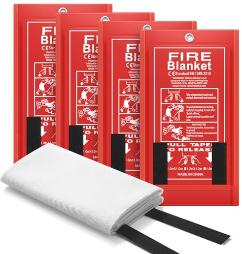 FLASLD Löschdecke küche fettbrand - Große Glasfaser Feuerlöschdecke mit Flammhemmenden Baumwollgriffen in Rotem Etui - Feuerdecke für Küche, Zuhause, Wohnwagen (1 m x 1 m) - 4 Stück