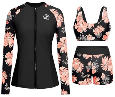 Holipick Langarm-Badeanzüge für Damen – 3-teiliger Rashguard mit Shorts, Reißverschluss, LSF, Schwimmshirt mit integriertem BH, Orange Floral, S
