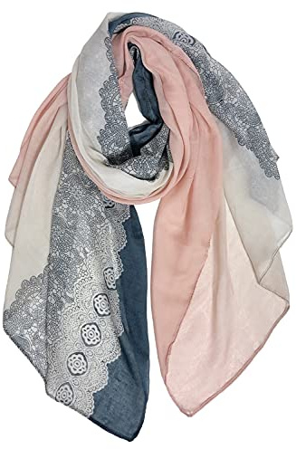 DAMILY Damen Schals & Tücher Schöner Weicher Halstuch und Musselin Tuch für Frauen mit Spitzenmuster Langer Baumwolle Festliche Stola Dünn Schals Grau Rosa