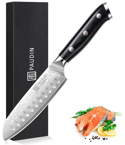 PAUDIN Damast Santokumesser Kochmesser 13cm, profi messer | japanisches Messer mit 67 Lagen Damaszenerstahl, kohlenstoffreichem 10Cr15MoV Stahlkern, ergonomischem G10-Griff