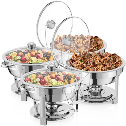 NArra 4er-Pack rundes 6L-Chafing-Dish-Buffet-Set, Speisenwärmer mit Glasabdeckung, Buffetwärmer, Buffet-Servierplatten aus Edelstahl, Dicker Catering-Hot Pot für Partys,Hochzeiten,Picknicks,Buffets