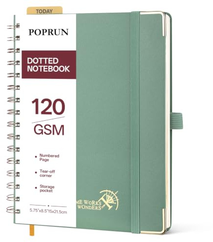 POPRUN Notizbuch A5 Dotted 120g/m² Notizblock Spiralblock Mitternachtsgrün | Notizbücher A5, 141 Nummerierte Seiten, Hardcover Notizbuch Gepunktet für Bullet Journaling, Büro, Studium, 15x21.5cm