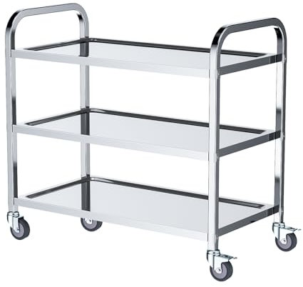 VELPAX 3-stufiger Catering Servierwagen, Edelstahl Küchen-Esswagen 75x40x83,5 cm, geräuschlos rollend für klinische Lagerung Küche Hotel Schönheitssalon