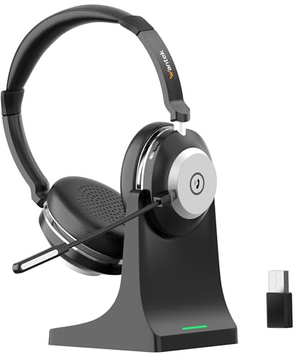 Wantek Kabelloses Headset mit Mikrofon, Bluetooth Headset mit Ladestation, Wireless Kabelloses Headphone mit Mikrofon und USB Dongle, Call Center Headphone für Computer Laptop Teams Büro Zoom Skype