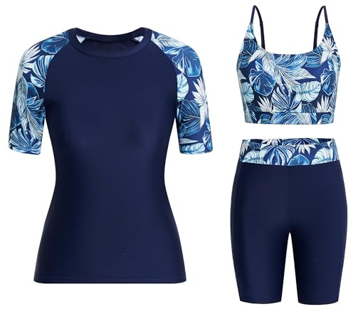 Owntop Damen 3-teiliger Rash Guard | UPF50+ UV Shirt | Kurzarm Rashguard-Shirts & Bikini Top & Hochtaillierte Boyshorts | Schnelltrocknend Badebekleidung Badeanzüge | Schwimmen Surfen | Blau XXL